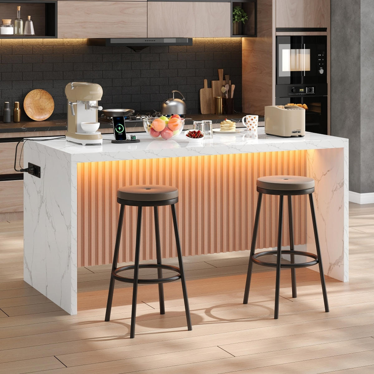 KÜCHENINSEL mit Steckdosen und USB, Weiße Marmoroptik, LED-Beleuchtung, MDF, 155/80/90 cm - Weiß, Kunststoff (80/90/155cm) - Rolipo