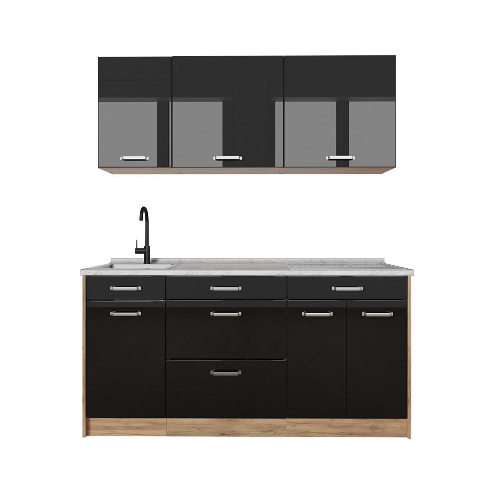 SINGLEKÜCHE R-Line, Schwarz Hochglanz/Goldkraft Eiche, 160 cm Arbeitsplatte Marmor - Honigeiche/Schwarz Hochglanz, Holzwerkstoff (160/81.6/60cm) - Vicco