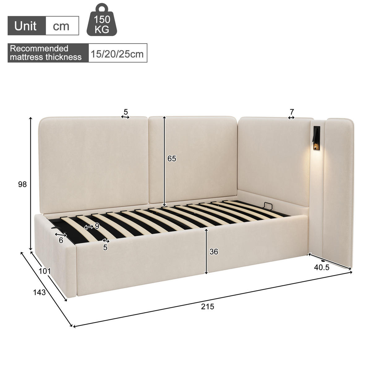 POLNJENA postelja iz žameta 90x200 cm bež s hidravličnim predalom, bralno svetilko, USB in Type-C priključkom - bež, tekstil (90/200cm) - Modfu