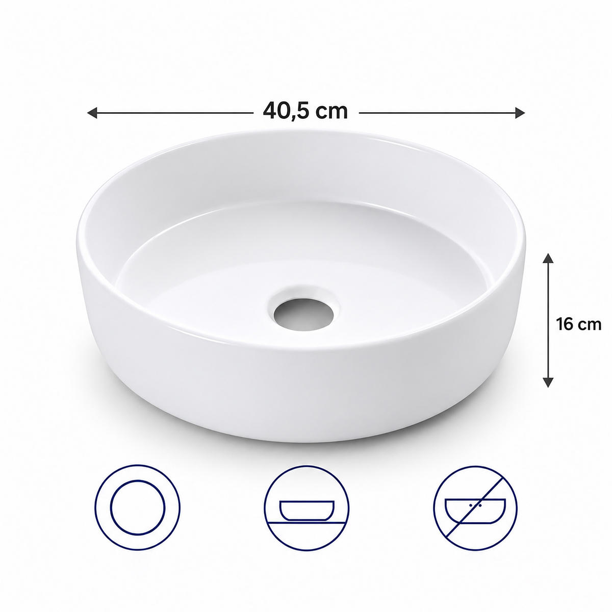 UMYVADLO Bílé keramické na desku kulaté 40,5 cm - bílá, keramika (40.5/16/40.5cm) - Relaxdays