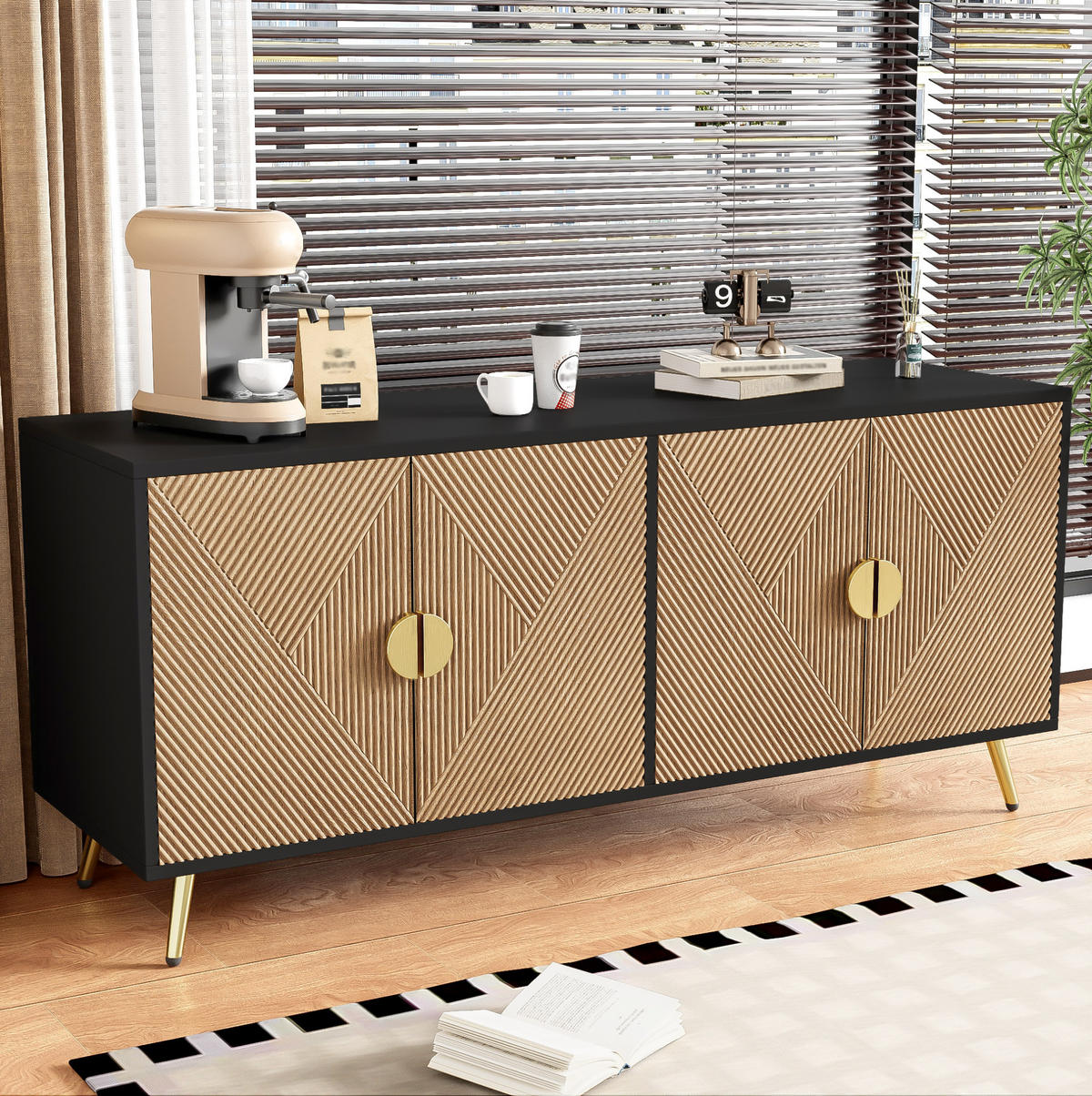 SIDEBOARD 160/40/75 cm mit 4 Türen und Soft-Close-Scharnieren, Schwarz/Holzfarben - Schwarz, Holzwerkstoff (160/75/40cm) - Redom