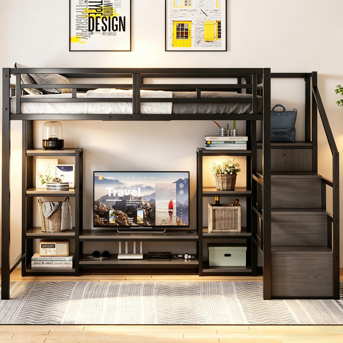 HOCHBETT 140/200 cm aus Metall mit TV-Ständer und Steckdose, Schwarz - Schwarz, Metall (140/200cm) - OKMYHOME