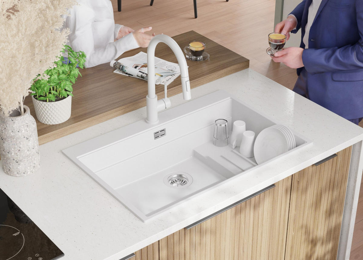 SPÜLBECKEN Oslo Max, 2-er set Weiß 78/53 cm 1 Becken + Ablauf-Set + Küchenzubehörset ab 80er Unterschrank - Chromfarben/Beige, Kunststoff (78/20/53cm) - Primagran