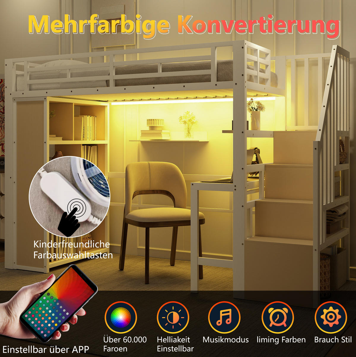HOCHBETT 90/200 cm Weiß aus Metall und MDF mit Schreibtisch und LED-Lichtleiste - Weiß, Metall (90/200cm) - OKMYHOME