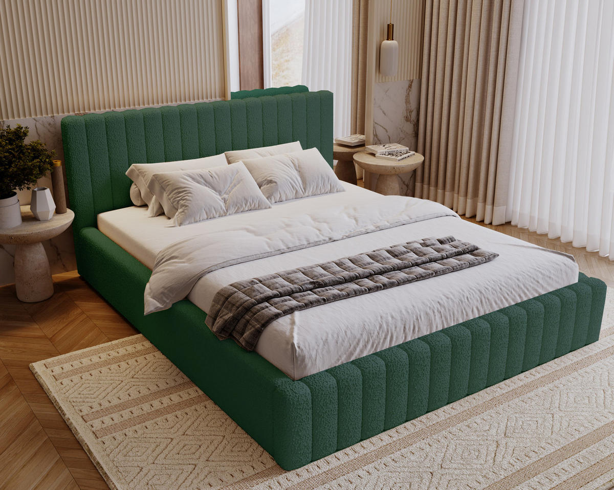 POLSTERBETT 160x200 Billo mit Bettkasten, Boucle Grün - Grün, Holz/Textil (160/200cm) - Emporius