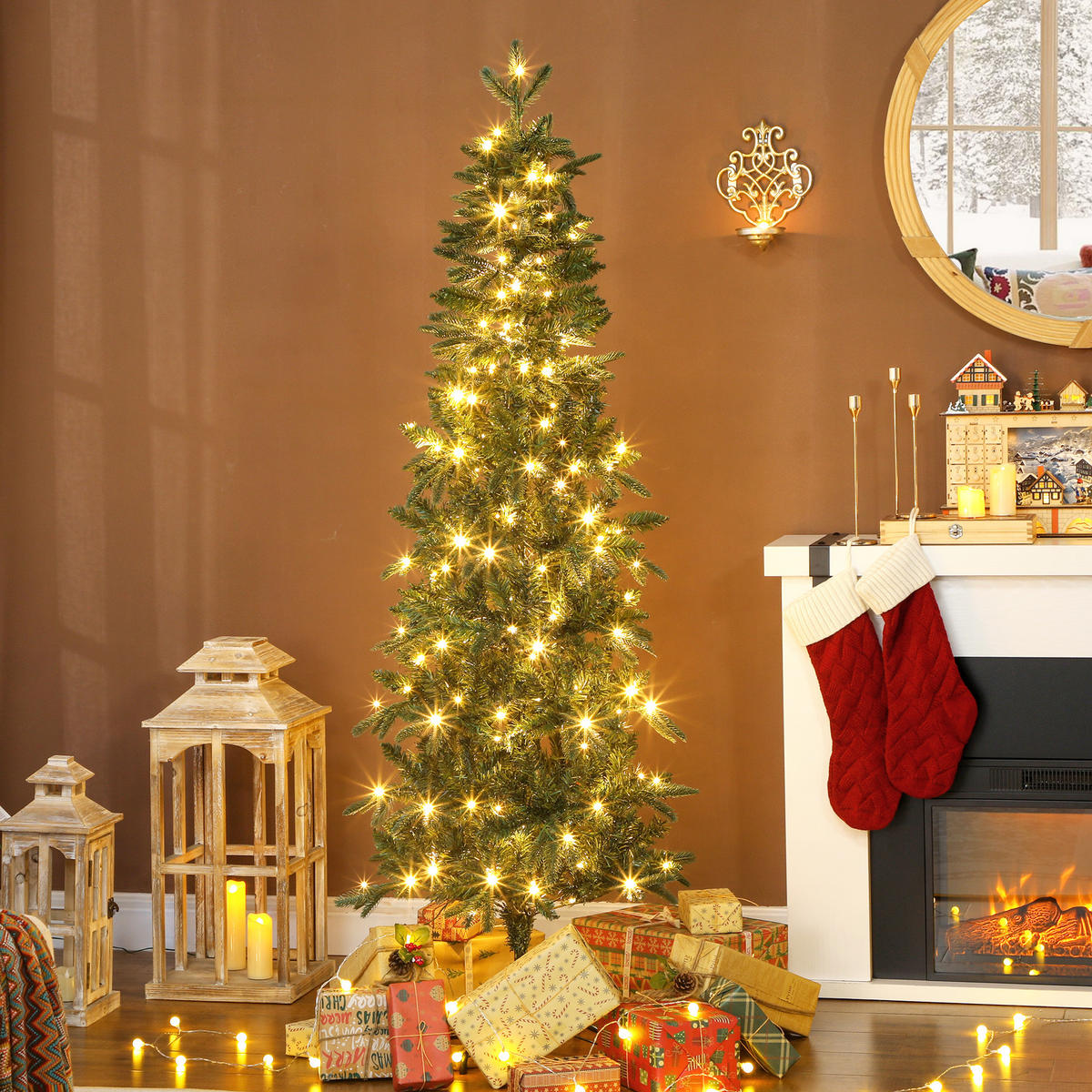 WEIHNACHTSBAUM künstlich 180 cm Christbaum mit 605 dichten Zweigen, 200 LED - Grün, Kunststoff (180cm) - HOMCOM