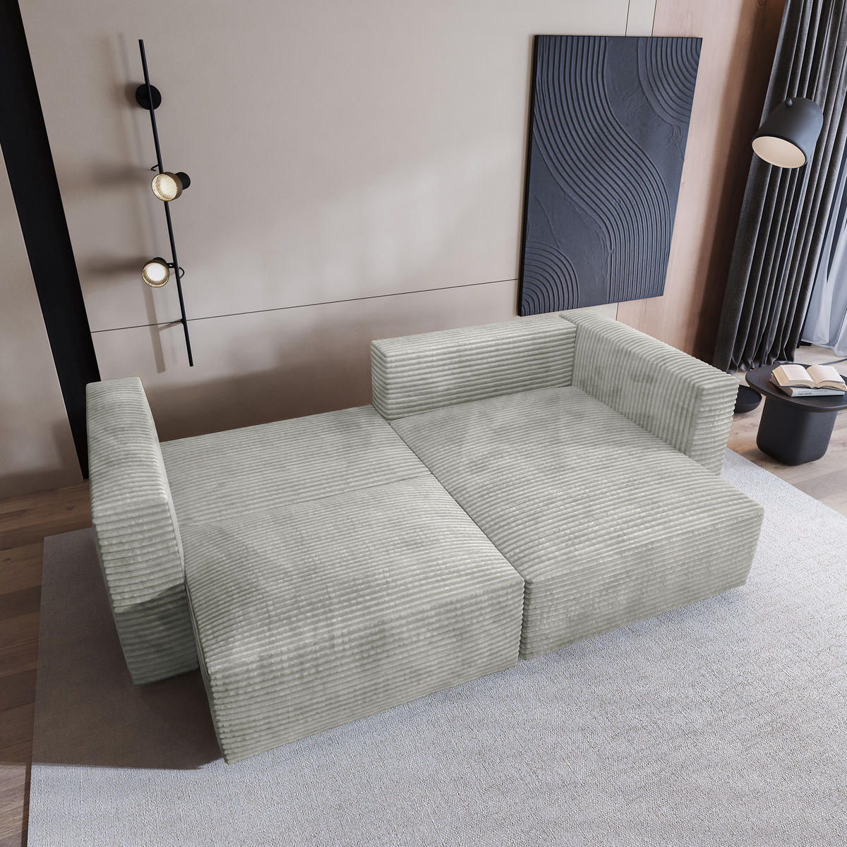 ECKSOFA NERIO Hellgrau Kordstoff mit Schlaffunktion - Hellgrau, Holz (245/148cm) - MASSENO