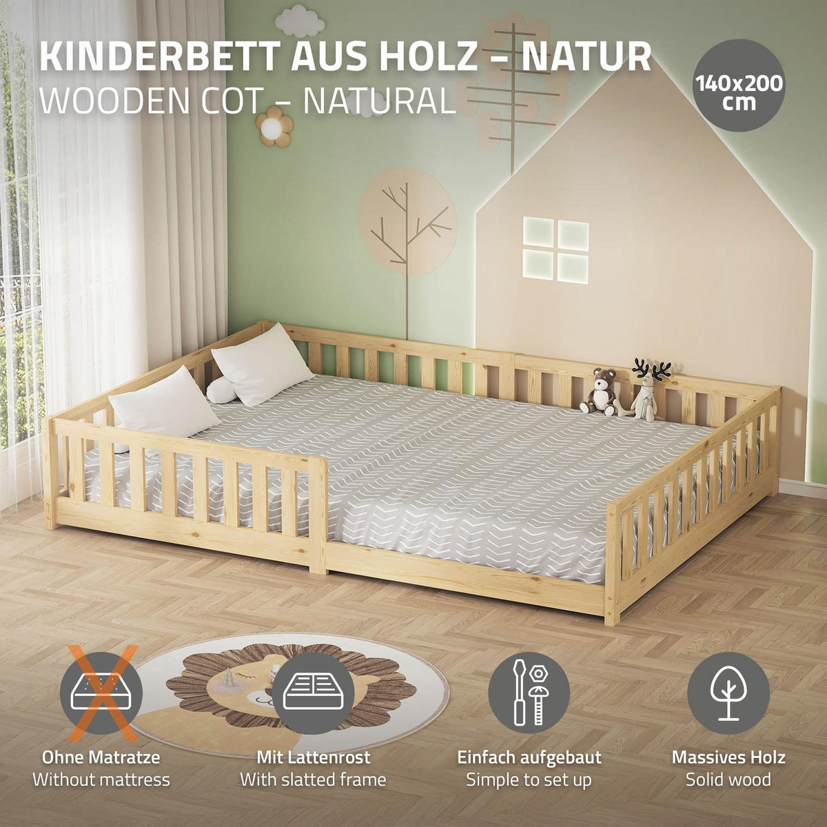 KINDERBETT 140x200 cm Natur aus Kiefernholz - Naturfarben, Holz (200/140cm) - ML-DESIGN