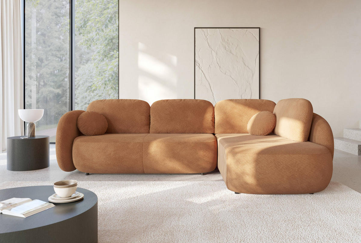 ECKSOFA AMICO II R-S Orange Geflochtener Stoff mit Schlaffunktion - Orange, Holz (289/190cm) - MASSENO