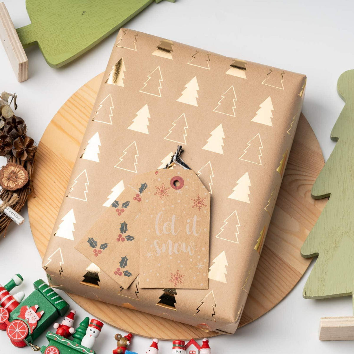 GESCHENKPAPIER 6 Blatt Rolle Kraftpapier Goldfolie Weihnachtsbaum Rentier 44,5 x 76 cm - Multicolor, Papier (44.5/0.1/76cm)