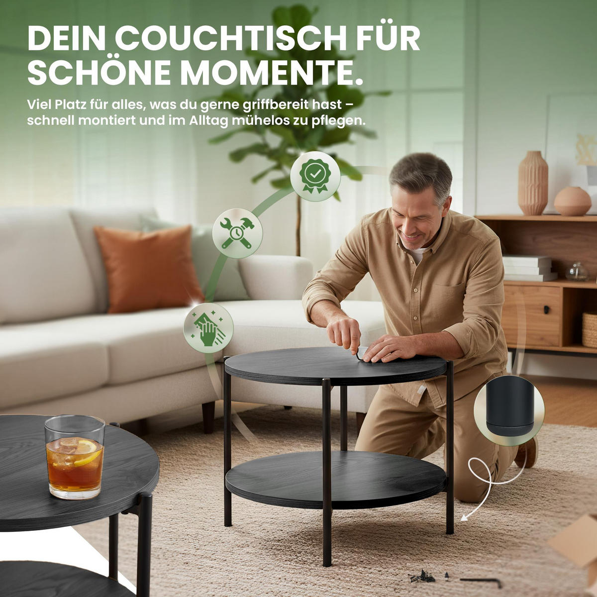 COUCHTISCH rund 50 cm Holz Grau - Schwarz/Grau, Holz/Metall (50/50/40cm) - CLP