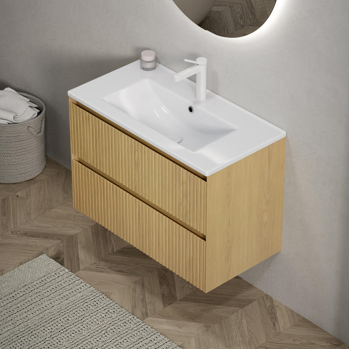 BADEZIMMERSCHRANK 75x39x51.5 cm Goldene Eiche & Weiß aus Keramik mit 2 Schubladen - Eichefarben, Keramik (75/51.5/39cm) - Modfu