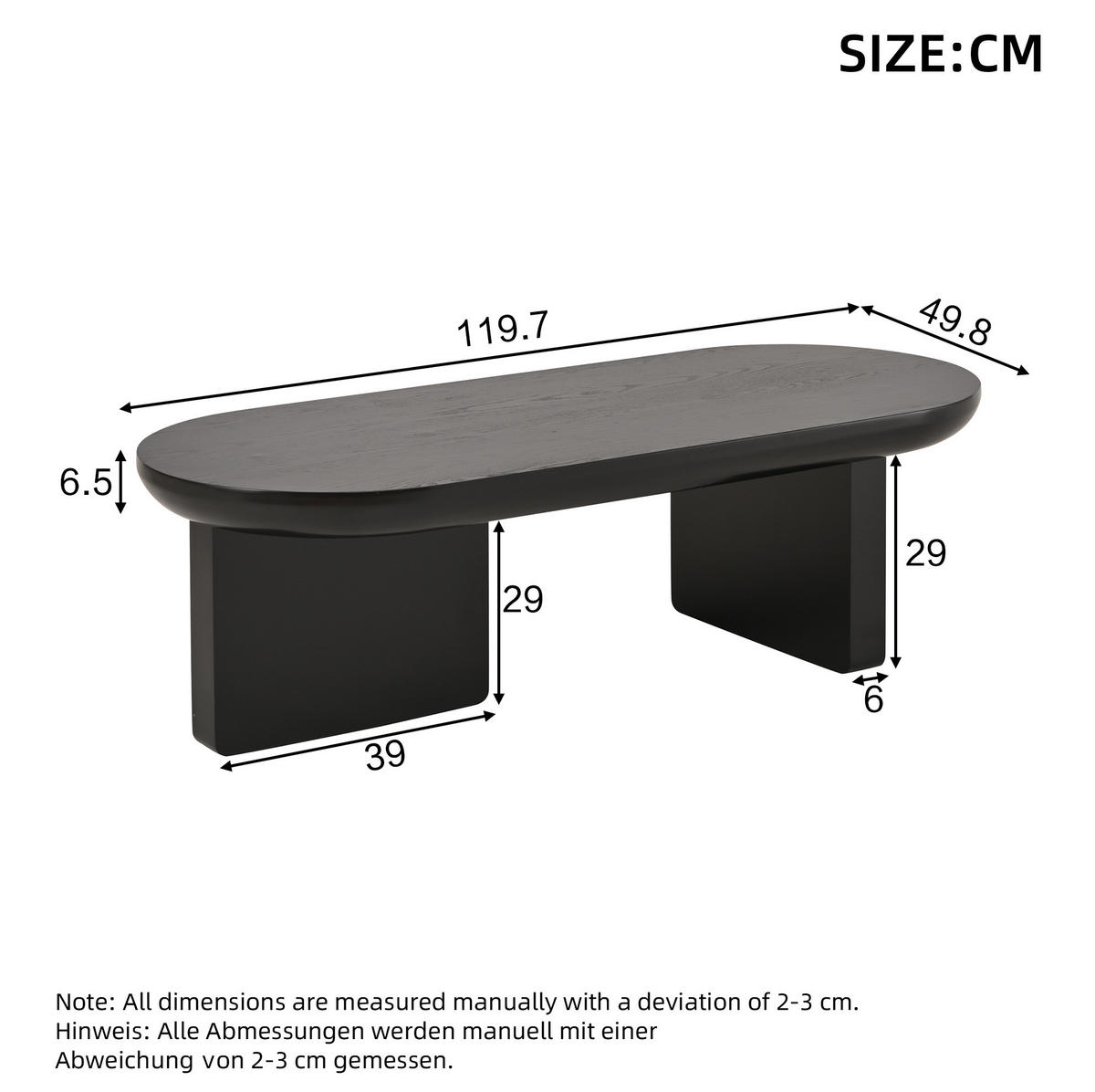 COUCHTISCH 119,7/49,8/35,5 cm in Schwarz aus MDF, oval und minimalistisch - Schwarz, Holzwerkstoff (49.8/119.7/35.5cm) - BEAOK