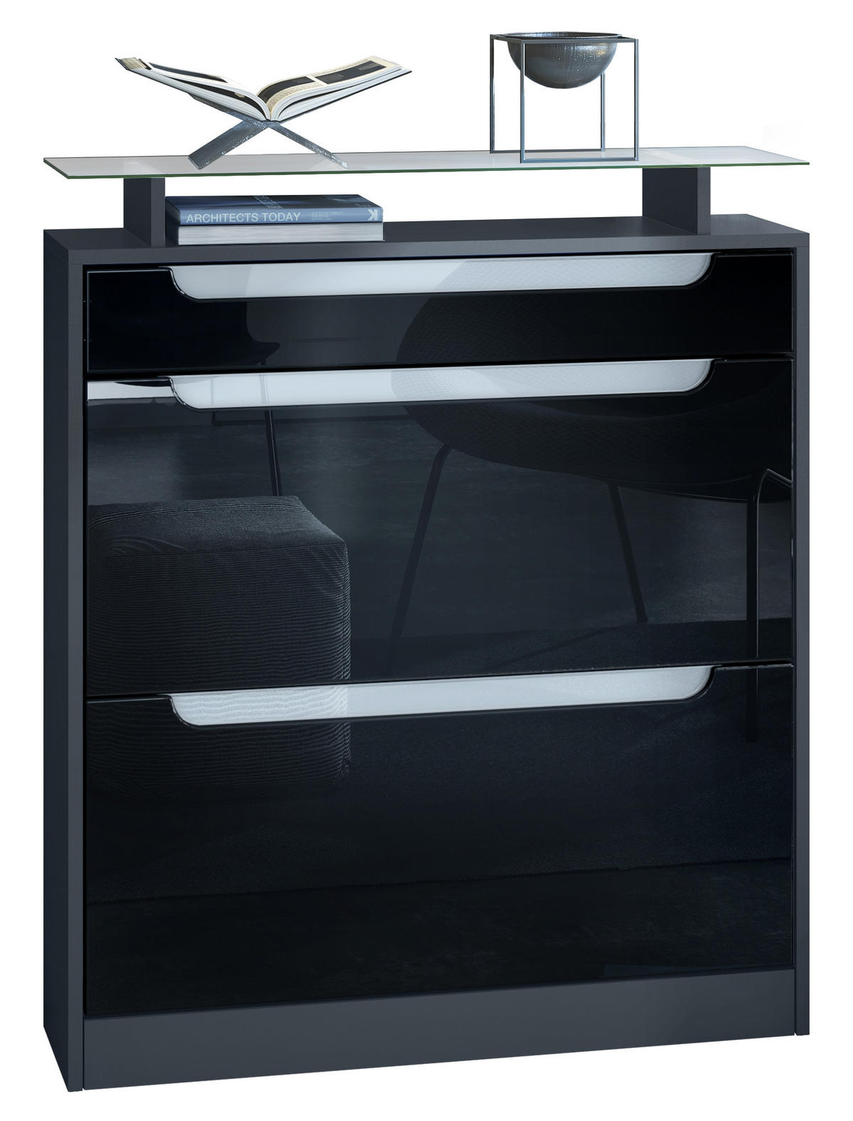SCHUHSCHRANK Fiesta Fronten in Schwarz Hochglanz, Griffmulden in Weiß Hochglanz - Schwarz Hochglanz, Holzwerkstoff (89/104/23cm) - Vladon
