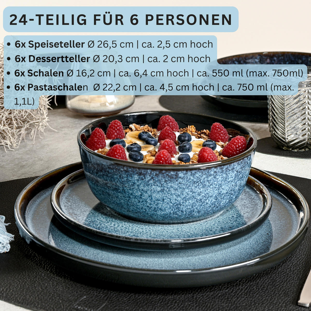 TAFELSERVICE OSAKA - 24 teilig aus Steinugt - Blau, Stein (27/6.3/27cm) - Sänger