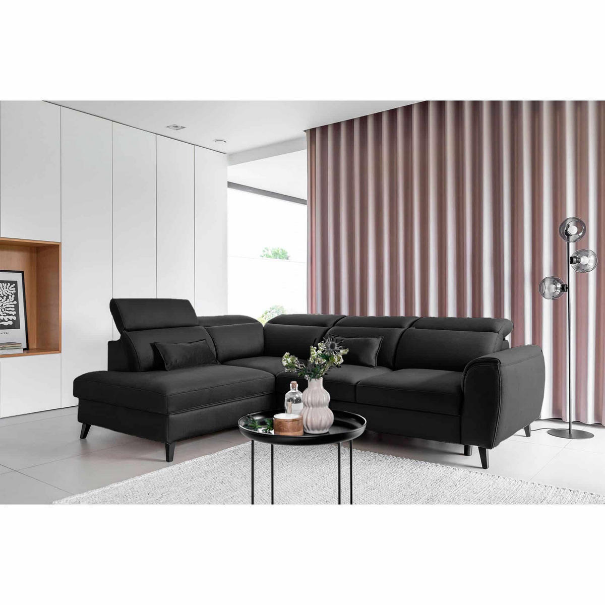 ECKSOFA mit Schlaffunktion & Bettkasten - Dunkelgrau/Schwarz, Holz/Textil (255/201cm) - Eltap