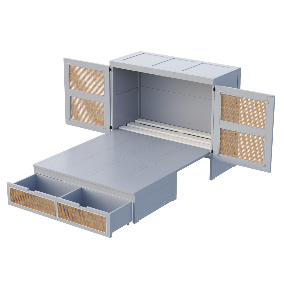 BETT 140/200 cm in Grau mit Rattan-Optik und Stauraumschubladen - Grau, Holz (140/200cm) - Flora Grace