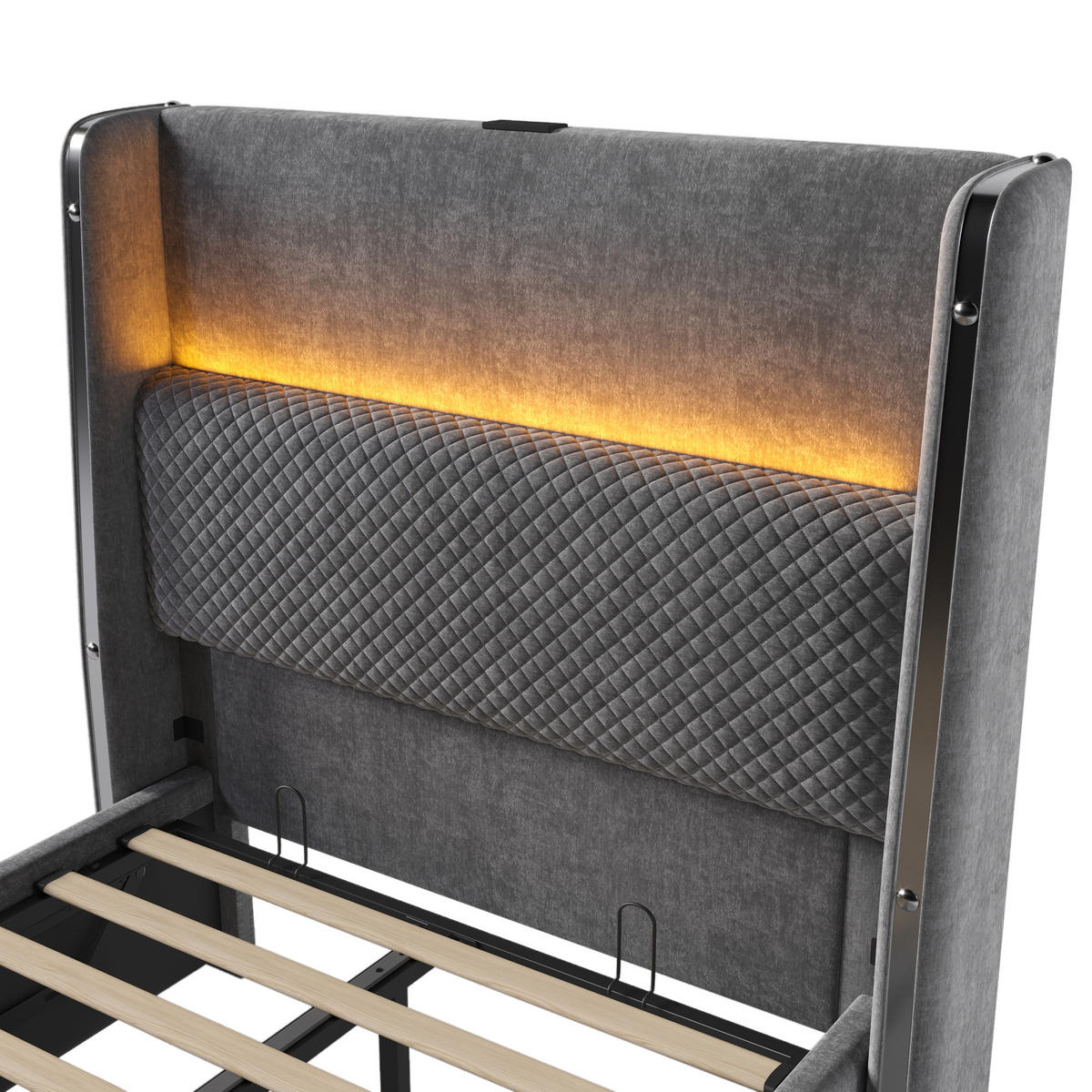 POLSTERBETT aus Leinen 90x200 cm in Grau mit LED & USB-Type-C-Ladestation - Grau, Textil (90/200cm) - Modfu
