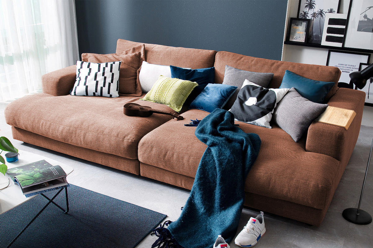 BIG SOFA XL MIT TABLETT NATUR MADELINE Braun Webstoff - Cognac/Dunkelbraun, Kunststoff/Textil (290/85/190cm) - KAWOLA