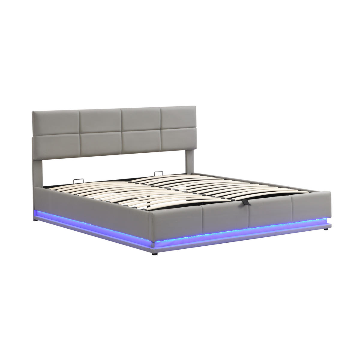 POLSTERBETT 180/200 cm aus Kunstleder mit LED-Beleuchtung, hydraulischem Bettkasten und verstellbarem Kopfteil, Zementgrau - Grau, Kunststoff (180/200cm) - Redom