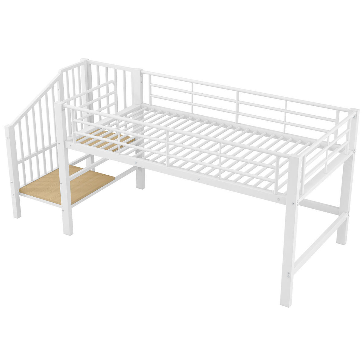 POLUVISOKI krevet od MDF-a i metala 90x200 cm bijeli s integriranim stepenicama za odlaganje i letvičastom podnicom - bijela, drvni materijal (90/200cm) - Modfu