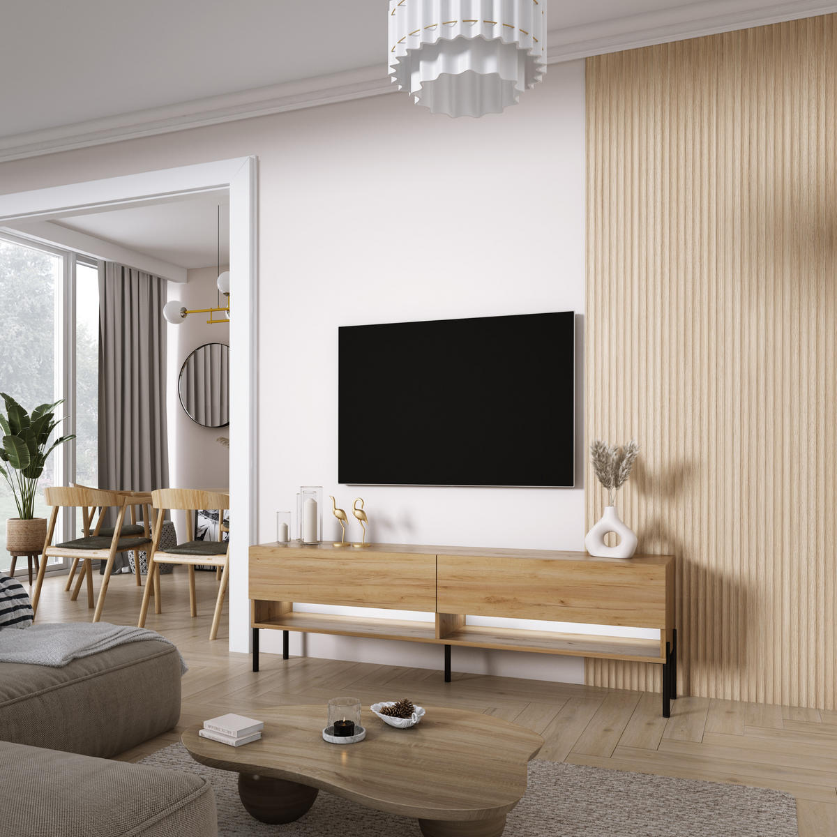 TV-LOWBOARD 170 cm Eiche Craft, gerade schwarze Beine, weiße LED, 170 × 32 × 52 cm - Braun, Holzwerkstoff (170/52/32cm) - 3XE LIVING