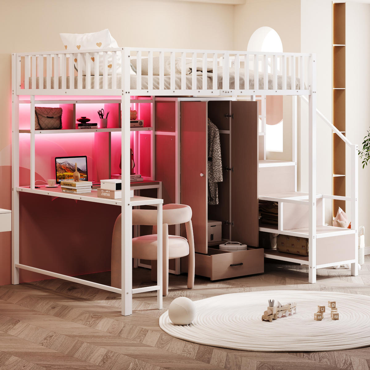 HOCHBETT 140/200 cm Weiß mit Schreibtisch, Kleiderschrank und LED-Beleuchtung - Weiß, Metall (140/200cm) - Flora Grace