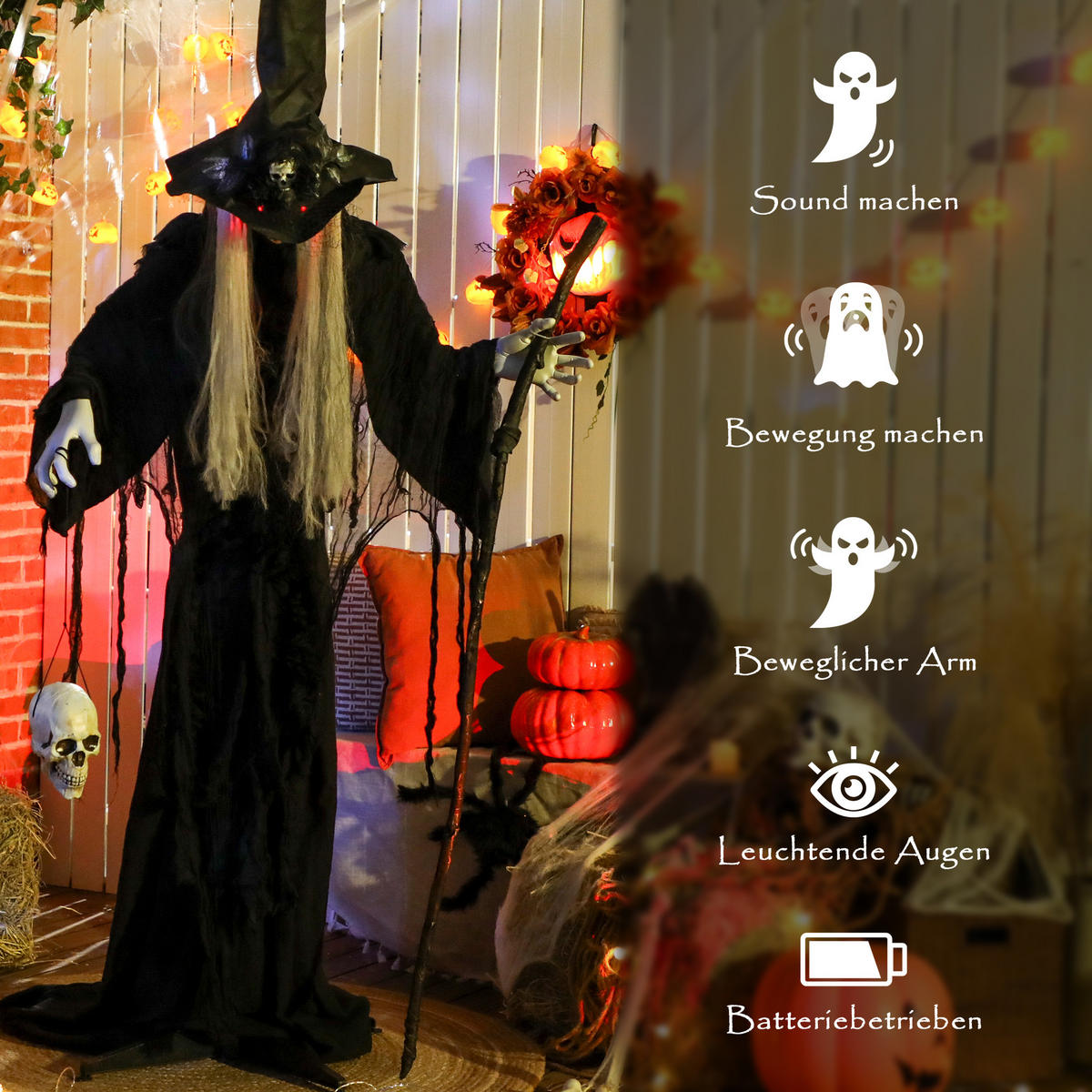 HALLOWEEN-DEKORATION Hexe 170 cm mit LED-Lichter, Soundfunktion - Schwarz, Textil (30/170/60cm) - Outsunny