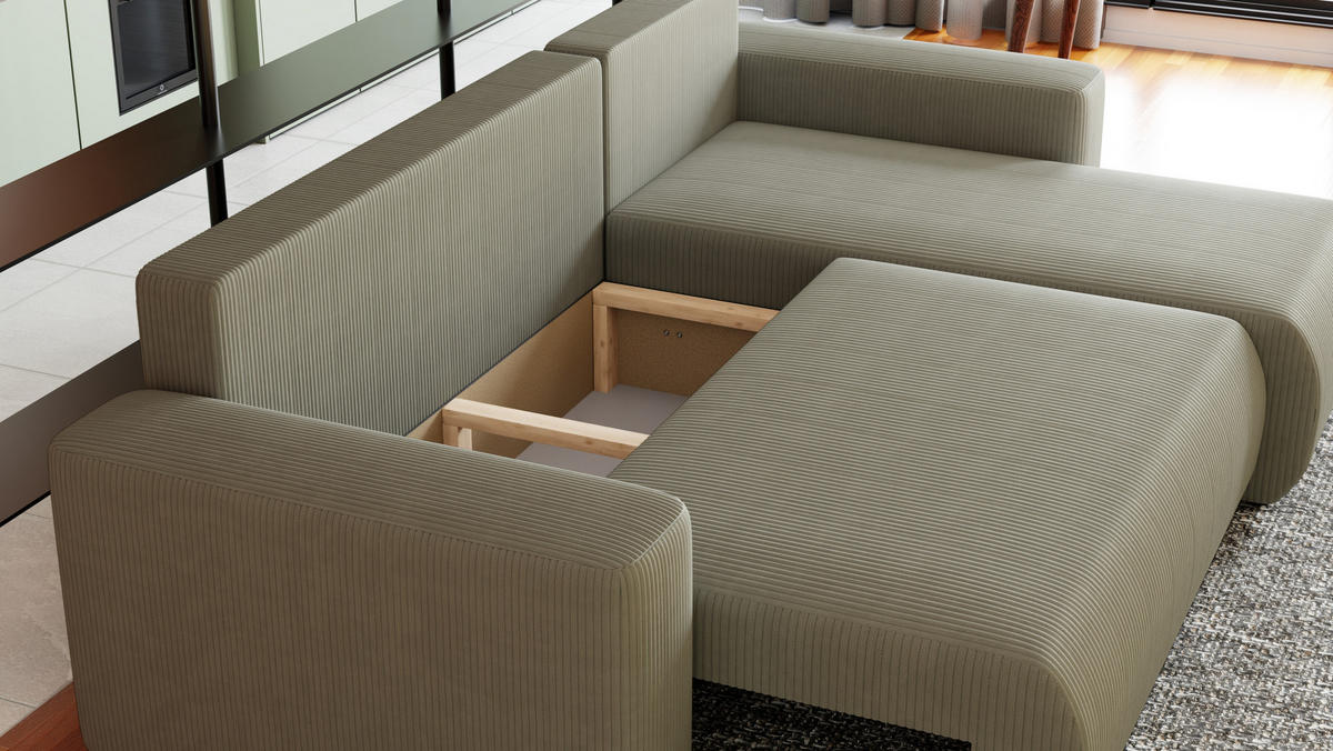 ECKSOFA Travis mit Bettkasten und Schlaffunktion, L-Form, Cord, Universal - Grau, Holzwerkstoff (248/148cm) - 4ALL HOME