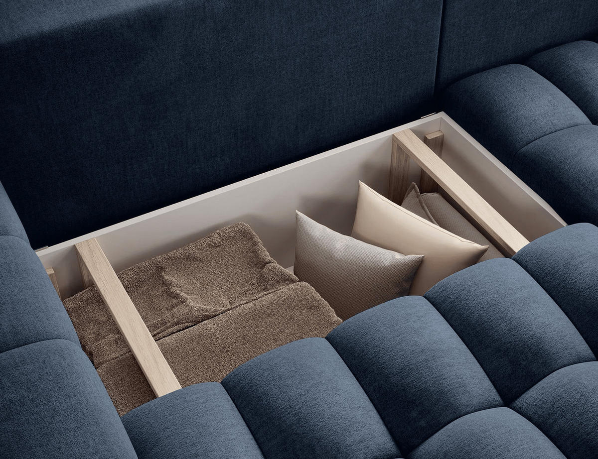 ECKSOFA mit Schlaffunktion und Bettkasten, Velours-Stoff - Schwarz/Dunkelblau, Textil (175/250cm) - Eltap