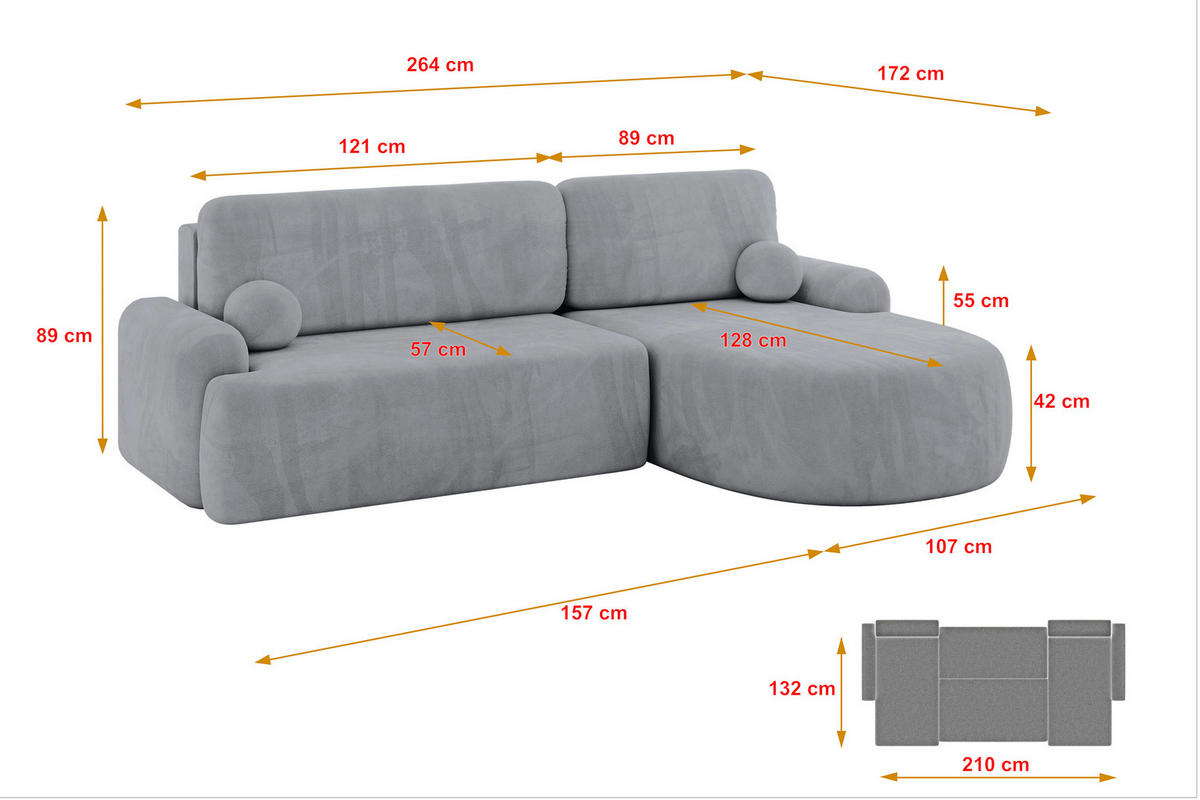ECKSOFA mit Schlaffunktion und Bettkasten LIRA-L - 264x172x89 Grau - Grau, Holzwerkstoff/Textil (172/264cm) - ALTDECOR