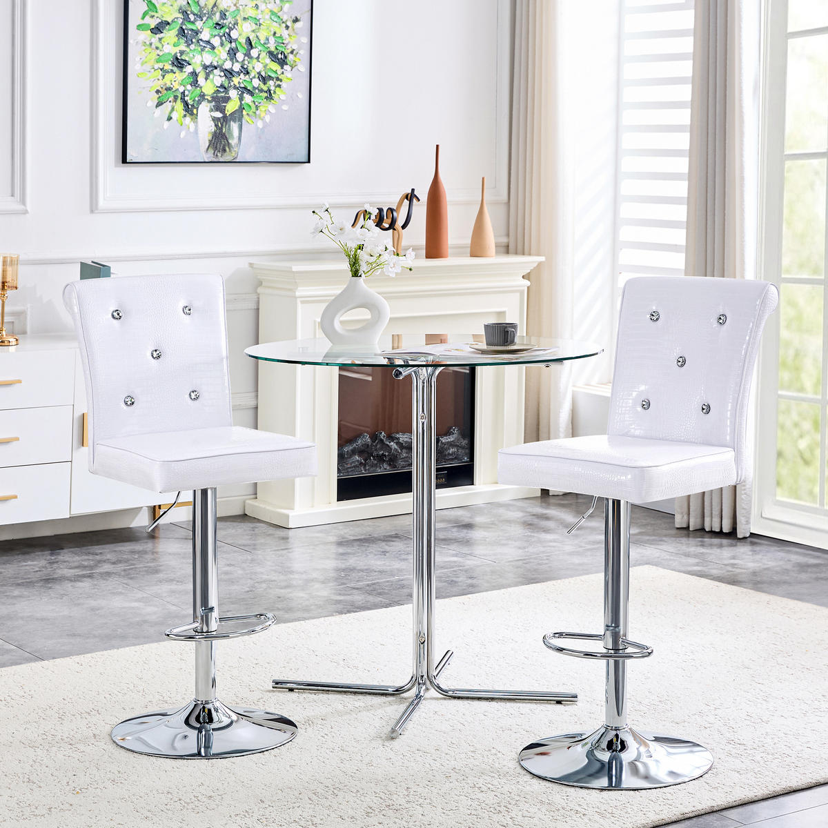 BARHOCKER DE-36795 2er-Set mit Kristallknopf-Details Weiß - Silberfarben/Weiß, Metall (42/125/55cm) - ComfortXL