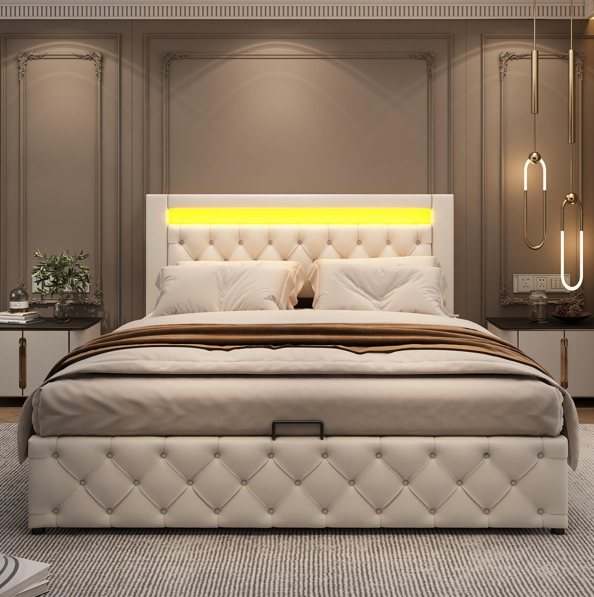 POLSTERBETT 160/200 cm mit LED-Beleuchtung, Lattenrost und Bettkasten, Weiß - Weiß, Kunststoff (160/200cm) - Redom