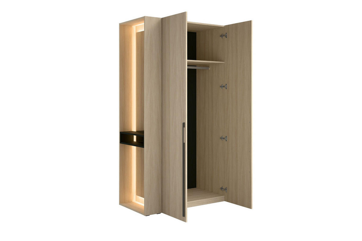 GARDEROBENSCHRANK BERTA 110 cm in Eiche Barista mit Kleiderstange, Spiegel und LED - Eichefarben, Holzwerkstoff (111/207/60cm) - Deine Möbel 24