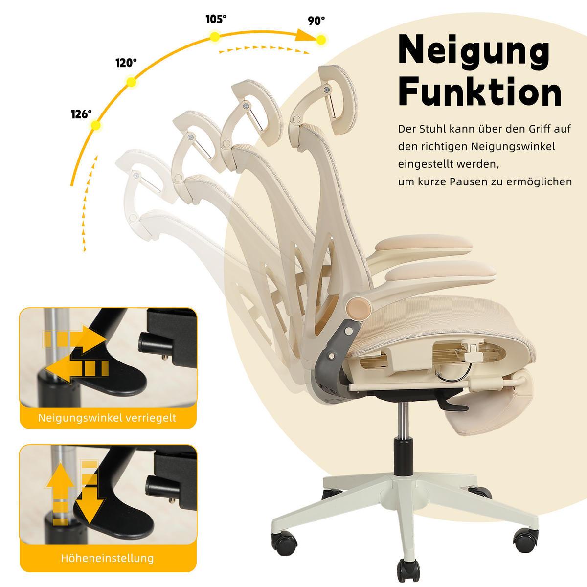 DREHSTUHL DE-40937 mit klappbarer Rückenlehne und 3D-Kopfstütze Creme - Creme, Metall (62/129/48.5cm) - ComfortXL