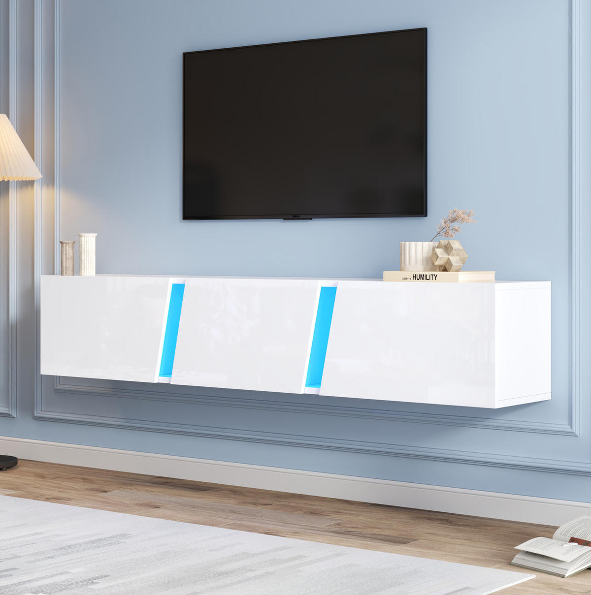 TV-SCHRANK wandmontiert 180 x 35 x 30 cm Hochglanz Weiß mit LED - Weiß, Holzwerkstoff (35/30/180cm) - Beauniv