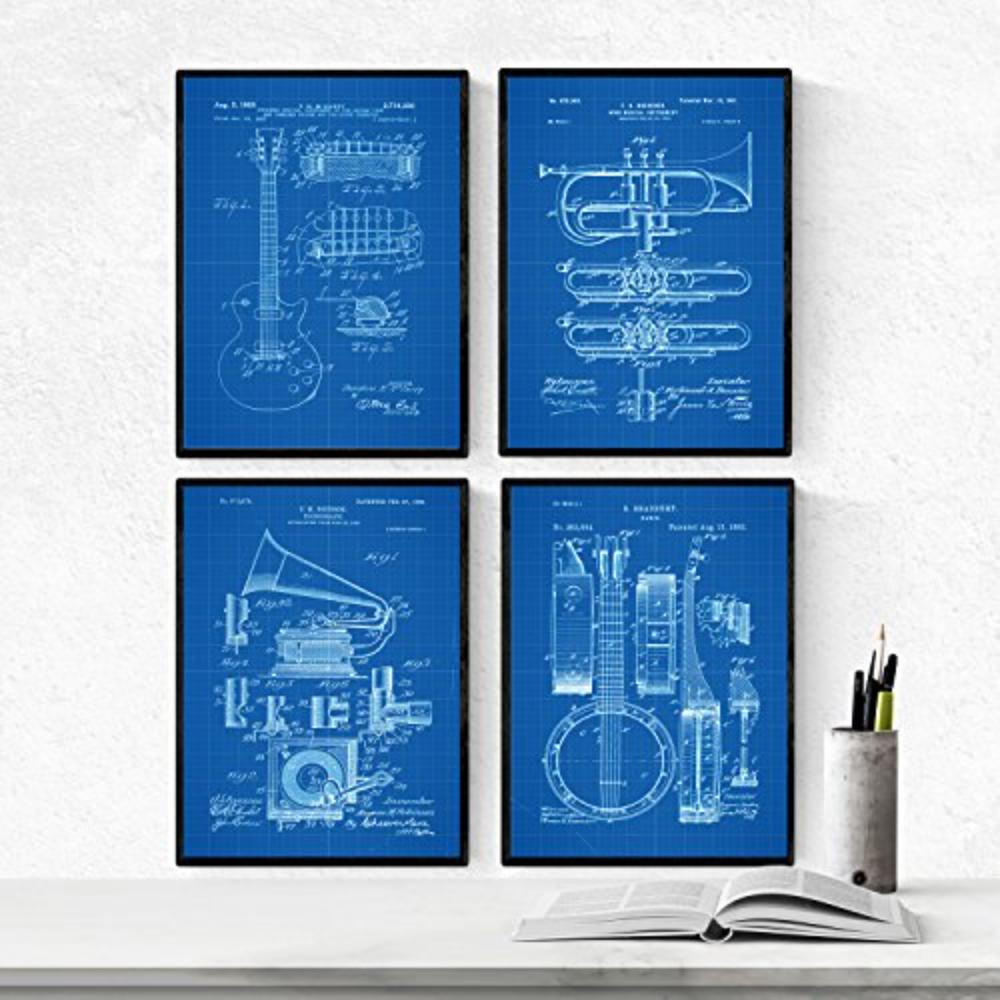 POSTER Set mit 4 Blau MusikPatenten A4 Rahmenlos - Klar, Papier (29.7/3cm) - Nacnic