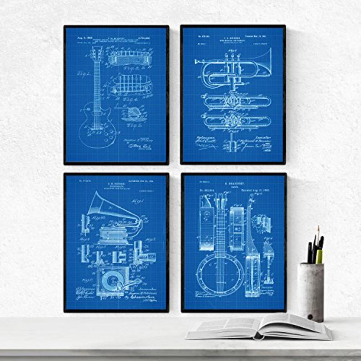 POSTER Set mit 4 Blau MusikPatenten A4 Rahmenlos - Klar, Papier (29.7/3cm) - Nacnic