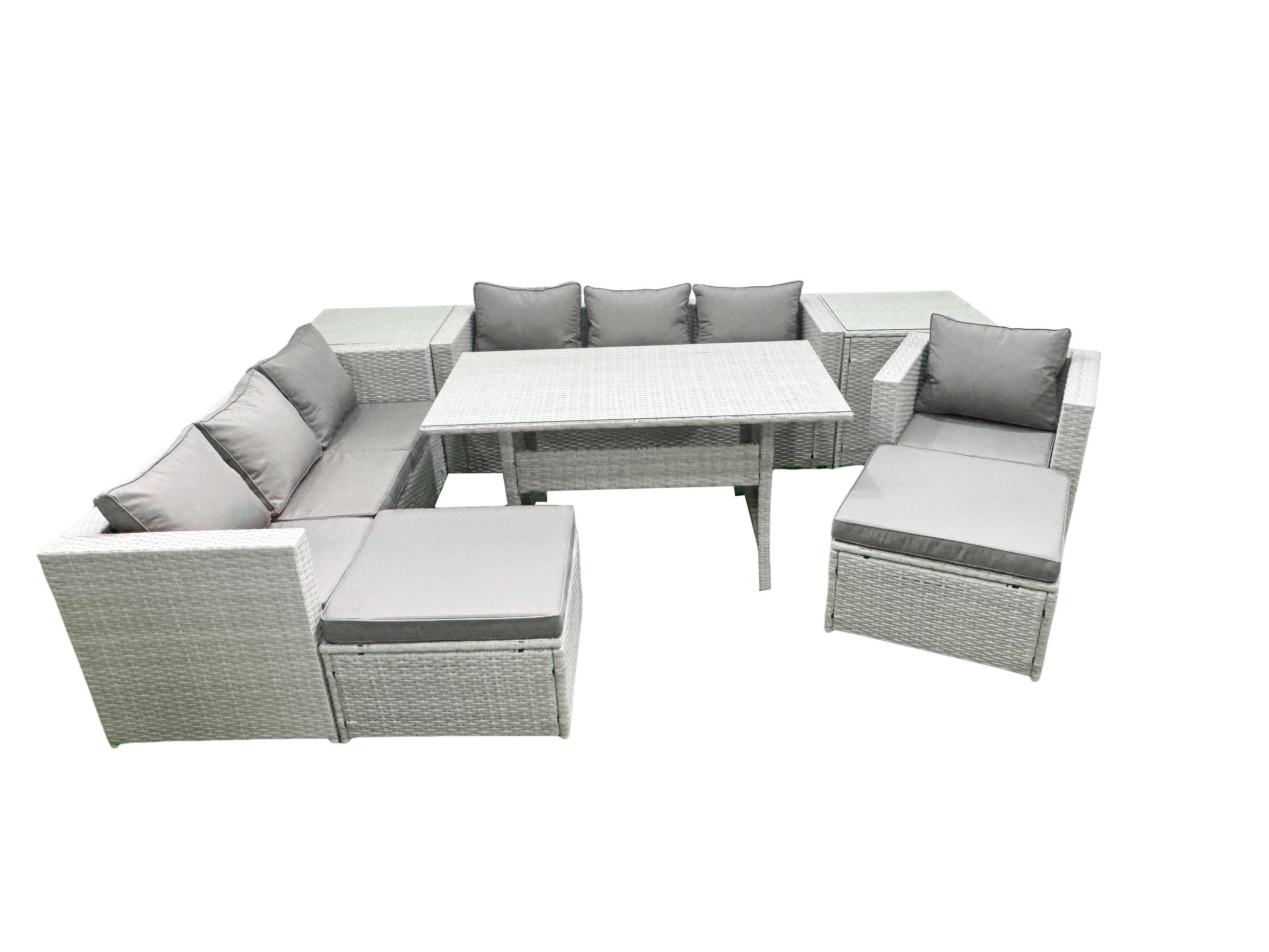 GARTENMÖBEL SET mit 3-Sitzer-Sofa und Sessel, Esstisch,2 Großer Hockern,2 Beistelltischen Polyrattan Hellgrau 9-Sitzer - Hellgrau/Grau, Glas/Kunststoff - Fimous