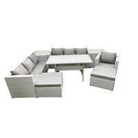 GARTENMÖBEL SET mit 3-Sitzer-Sofa und Sessel, Esstisch,2 Großer Hockern,2 Beistelltischen Polyrattan Hellgrau 9-Sitzer - Hellgrau/Grau, Glas/Kunststoff - Fimous