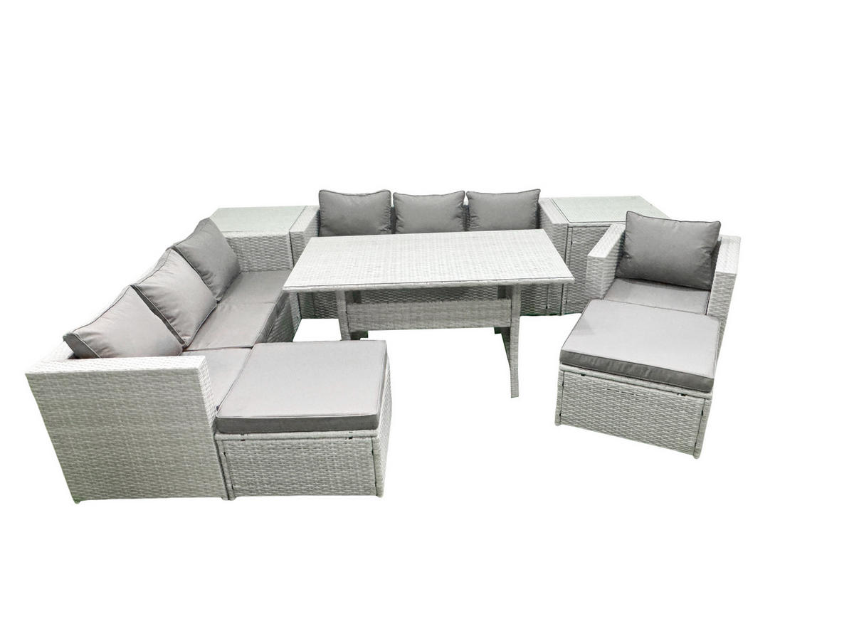GARTENMÖBEL SET mit 3-Sitzer-Sofa und Sessel, Esstisch,2 Großer Hockern,2 Beistelltischen Polyrattan Hellgrau 9-Sitzer - Hellgrau/Grau, Glas/Kunststoff - Fimous