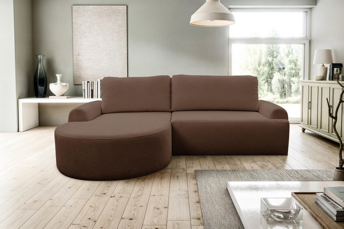 ECKSOFA Dream in L-Form mit Schlaffunktion und Bettkasten, Farbe: Dunkelbraun, Bouclé-Stoff, Ottomane Links - Dunkelbraun, Textil (136/260cm) - VENASI MÖBEL