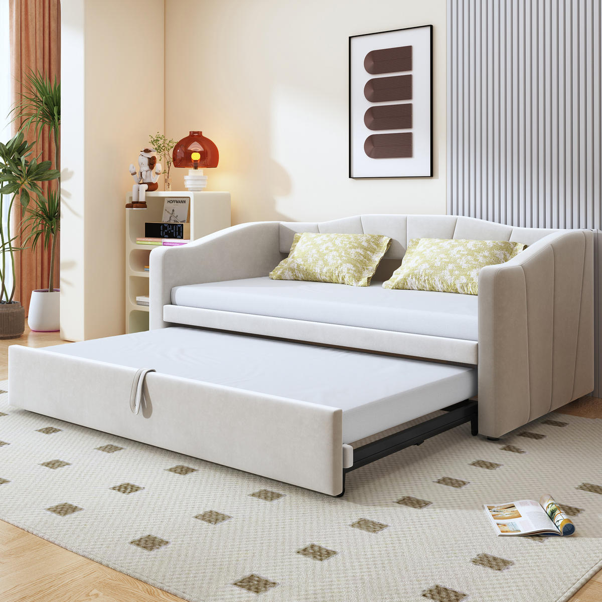 POLSTERBETT Ausziehbares Schlafsofa 90/180 cm Beige mit Lattenrosten - Beige, Textil (90/200cm) - OKWISH