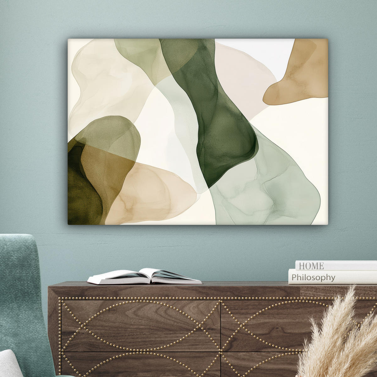 LEINWANDBILD Japandi - Abstrakt - Grün Wandbilder 80x60 cm - Salbeigrün, Textil (80/60cm) - MuchoWow