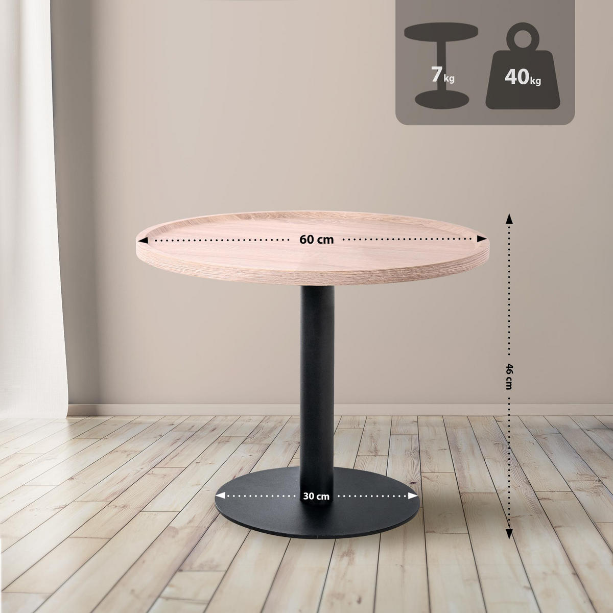 BEISTELLTISCH rund 60 cm Holz Eiche - Eichefarben/Schwarz, Holz/Metall (60/60/46cm) - CLP