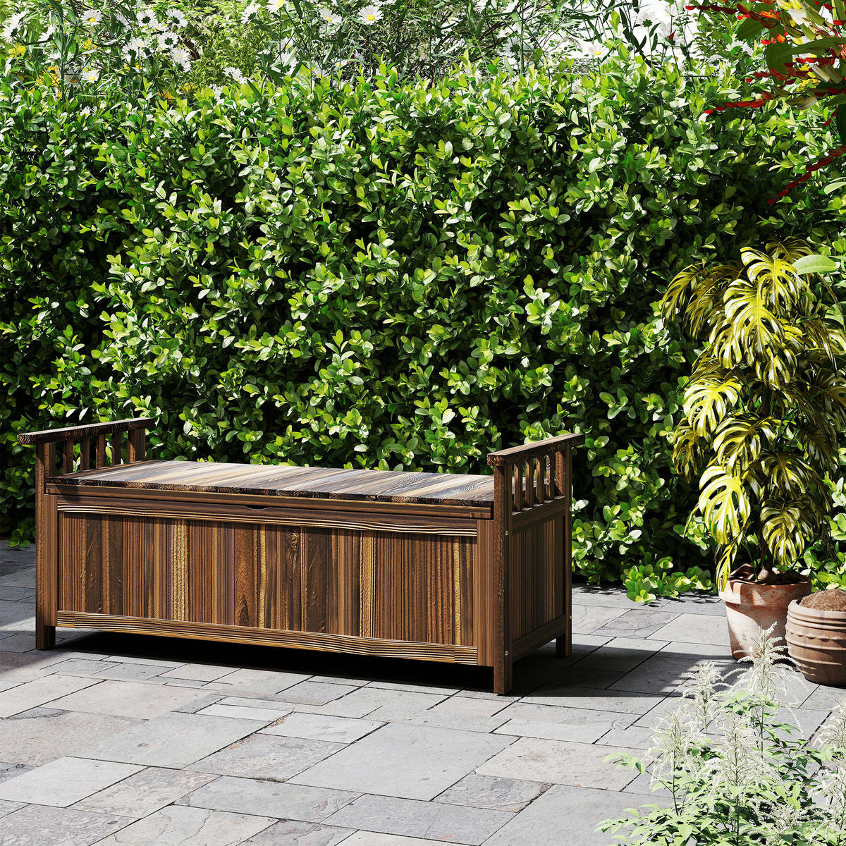 GARTENBANK 2-Sitzer DE-08292 mit Stauraum, Armlehnen Verkohlt - Naturfarben, Holz (128.5/53.5/52cm) - ComfortXL