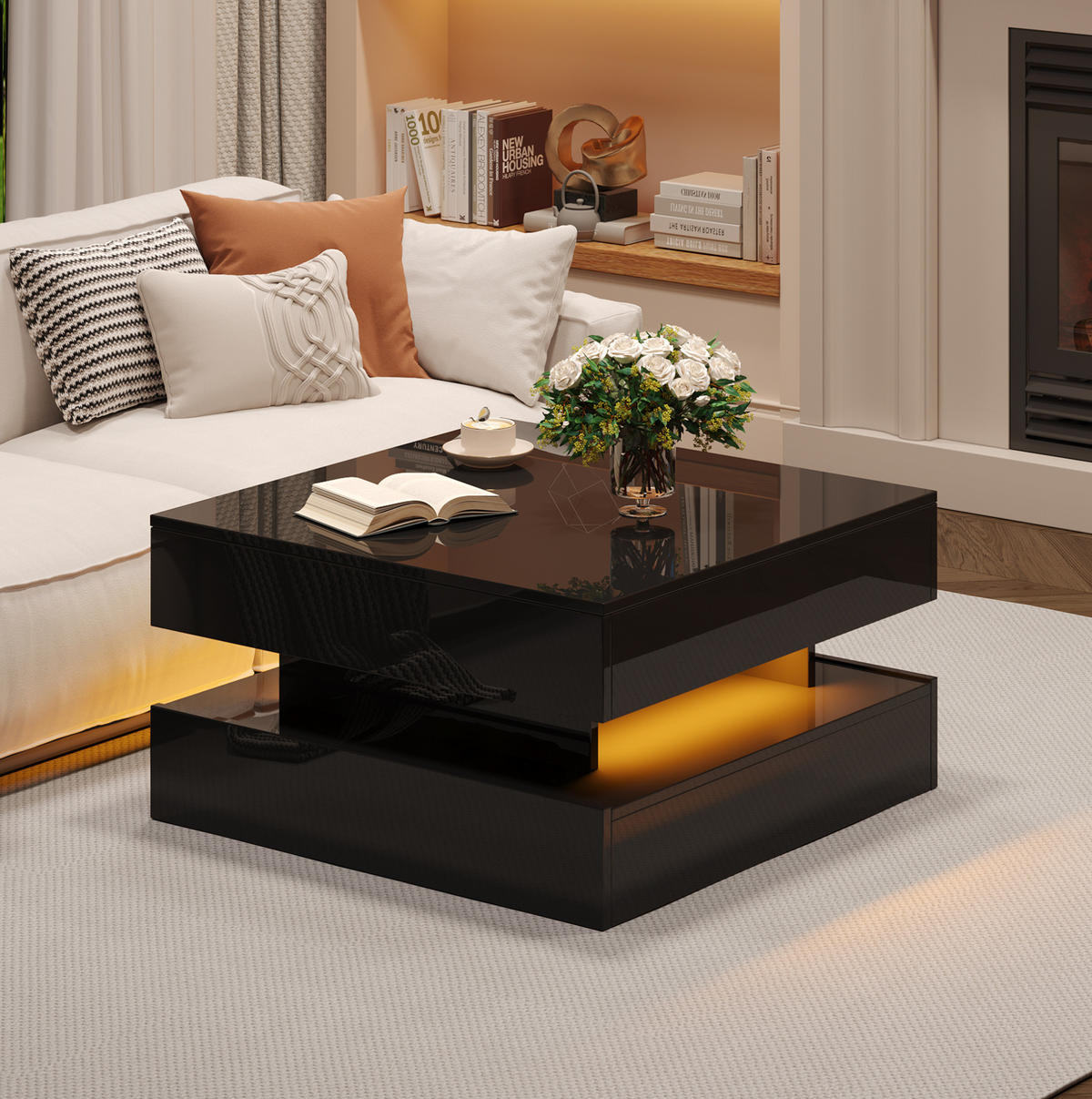 COUCHTISCH 65/65/38,5 cm in Schwarz, höhenverstellbar mit LED-Beleuchtung - Schwarz, Holzwerkstoff (65/65/38.5cm) - Flora Grace
