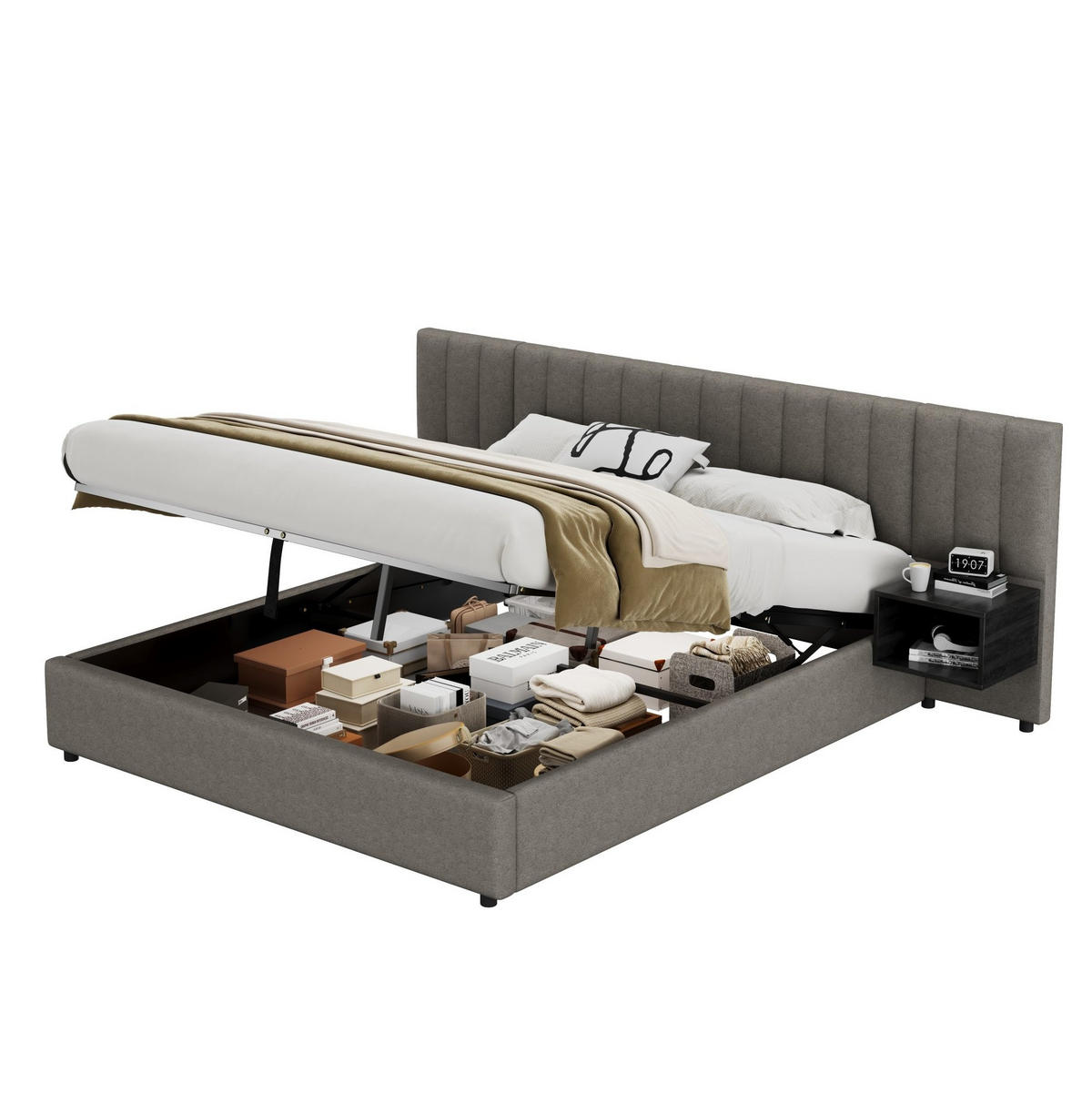 POLSTERBETT 180/200 cm Grau Schwarz mit hydraulischem Stauraum und 2 Nachttischen - Grau, Textil (180/200cm) - OKWISH