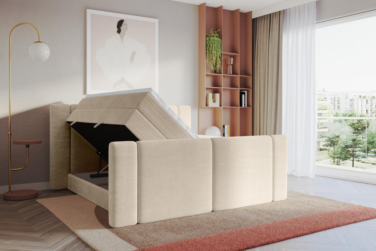 BOXSPRINGBETT mit Matratze H3/H4 - EVON KING Zanozek - 140x200 cm Beige - Ecru, Holzwerkstoff (140/200cm) - ALTDECOR