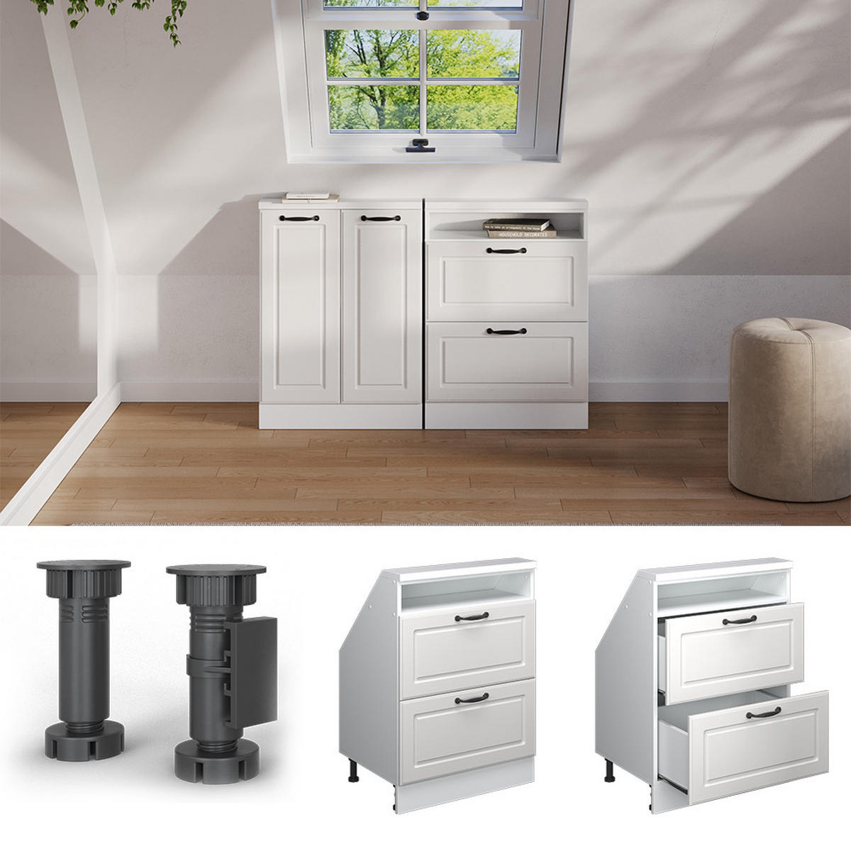 DACHSCHRÄGENSCHRANK Rion Weiß Landhaus/Weiß mit 2 Schubladen - Weiß, Holzwerkstoff (60/81.6/46cm) - Vicco